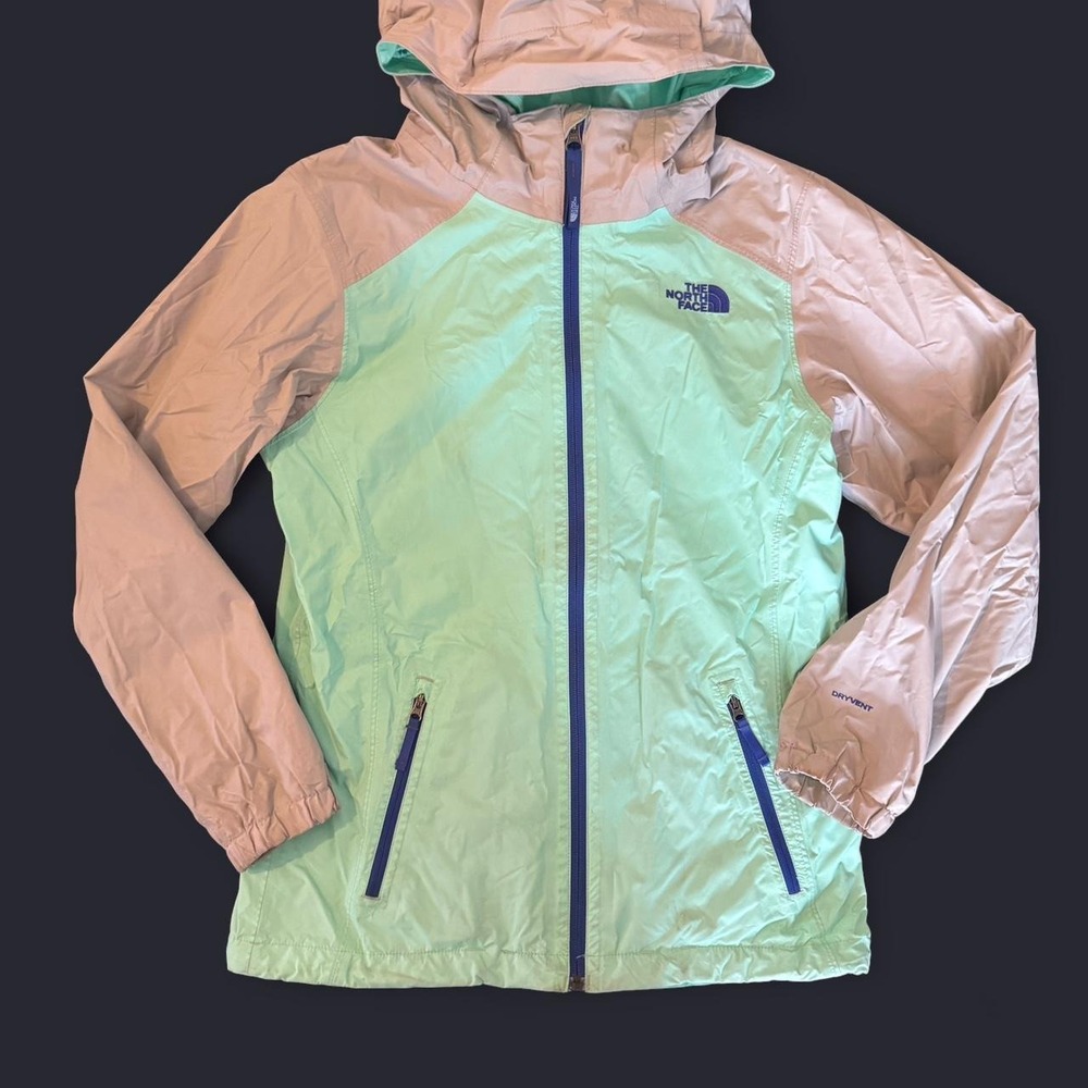 The North Face Girls DryVent Rain Jacket Mint Green Tan Colorblock Size L 14/16